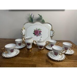 Vintage Adeline Porcellana Fine Rose Tea Set Gold Trim‎ Porcelain Service